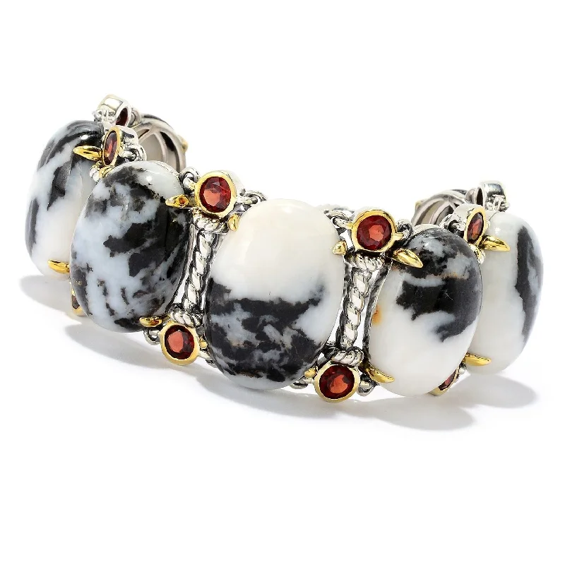 925 Sterling Silver White Buffalo and Red Garnet Bracelet