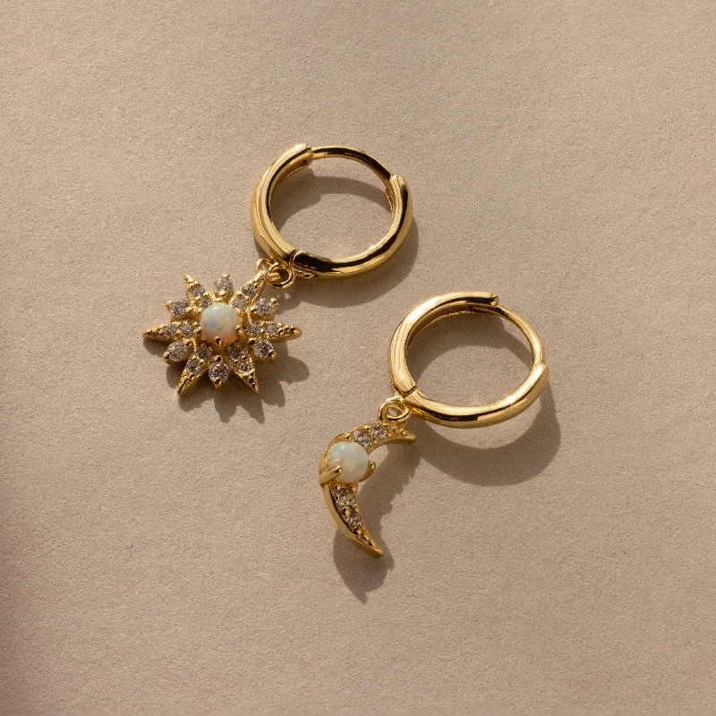 women luxury gold earrings -Opal Sun & Moon Huggies