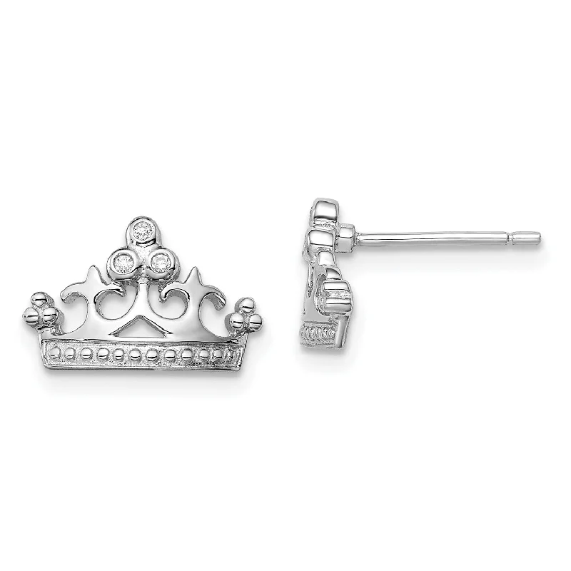 women gold earrings -Sterling Silver Cubic Zirconia 8X13MM Stud Tiara Crown Earrings