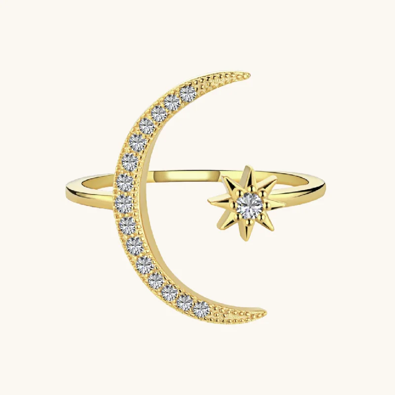 women silver bracelets -Gold Adjustable Moon Star Ring