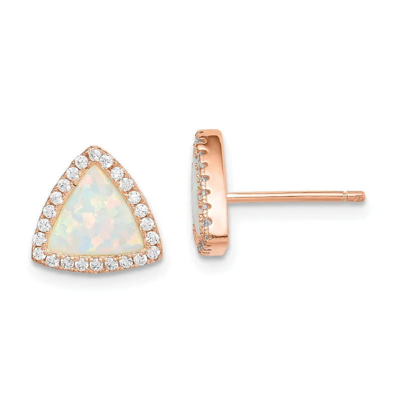 women gold stud earrings -Rosetone Sterling Silver Trillion Opal and Cubic Zirconia 10MM Halo Stud Earrings