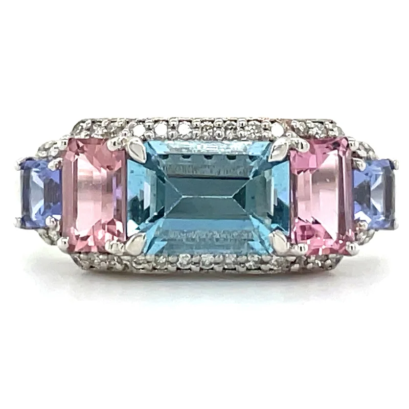 women simple gold engagement rings -18ct White Gold Earth Grown Aquamarine, Pink Tourmaline, Tanzanite & Diamond Ring