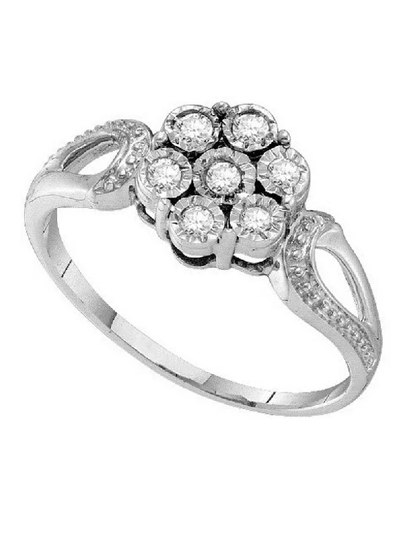 women princess-cut engagement rings -Genuine Diamond Ring with Flower Design Rhodium on Sterling Silver