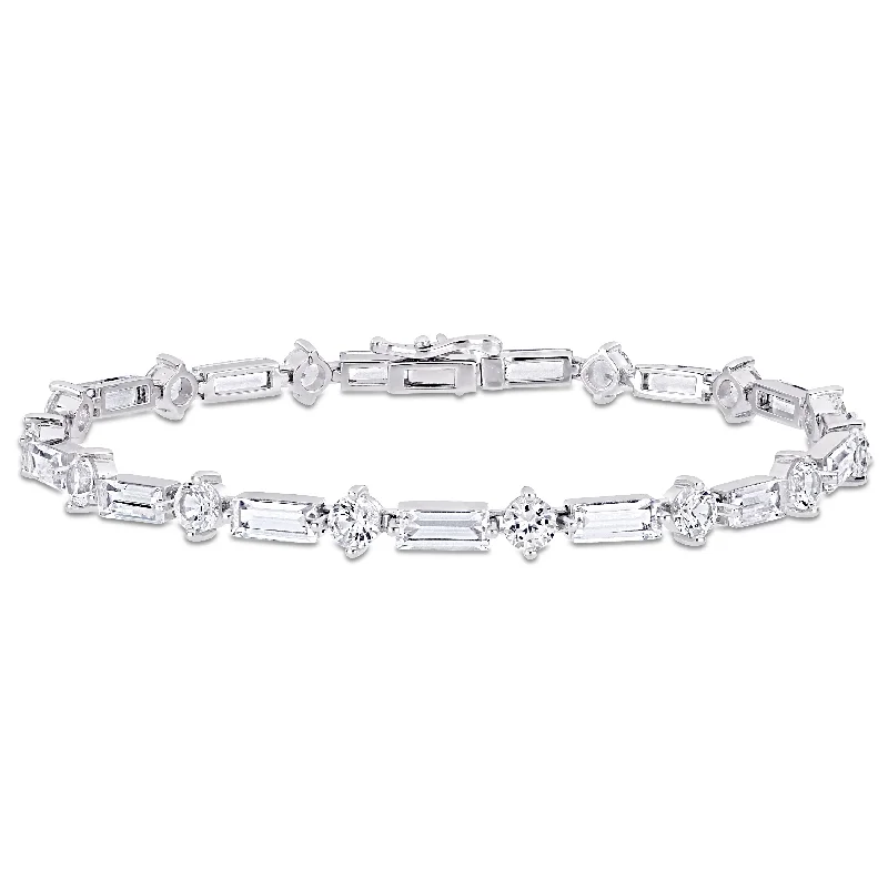 Miadora Baguette and Round-cut Created White Sapphire Tennis Bracelet in Sterling Silver