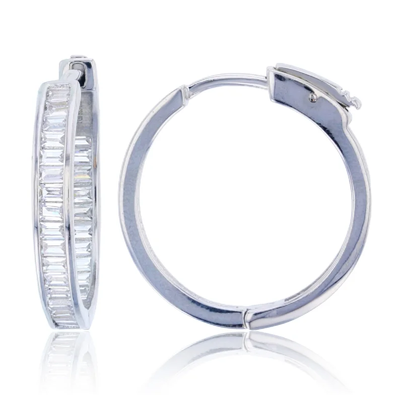 women chic drop earrings -Sterling Silver Baguette Cubic Zirconia 3X25MM Safety Clasp In & Out Hoop Earrings