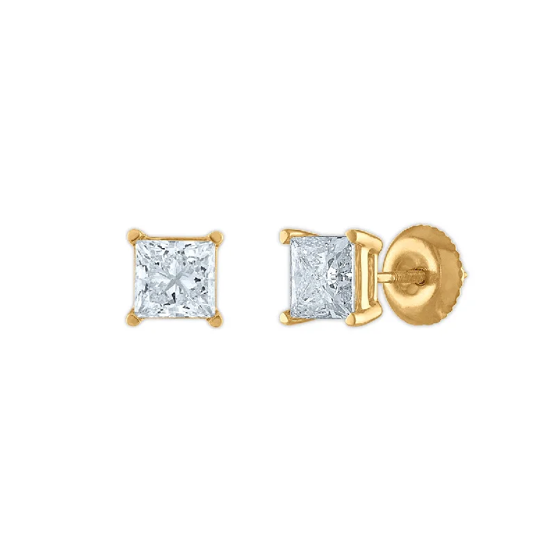 women sparkling earrings -Signature Certificate EcoLove 1 1/2 CTW Princess Cut Lab Grown Diamond Solitaire Stud Earrings in 14KT Yellow Gold