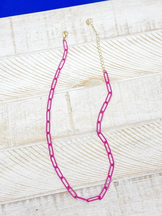 women layered necklaces -Enamel Paperclip Chain Necklace - Pink