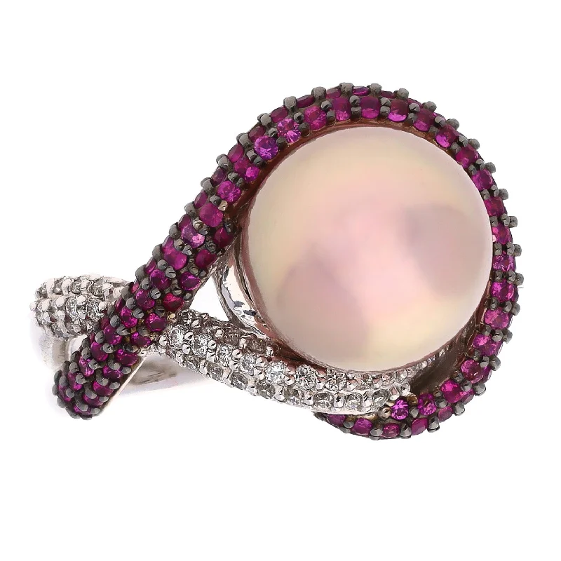 women adjustable bangles -14K White Gold South Sea Cultured Pearl with Pink Sapphires and Diamonds Fashion Ring