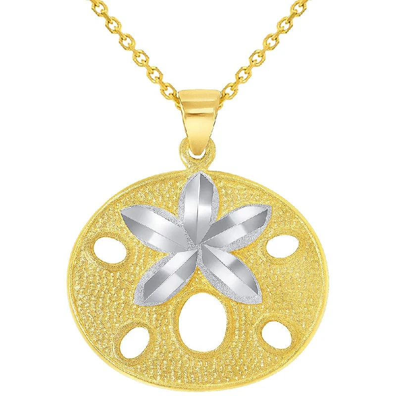 women personalized pendant necklaces -Solid 14k Yellow Gold Sand Dollar Two Tone Sea Star Shell Pendant With Cable, Curb or Figaro Chain Necklace