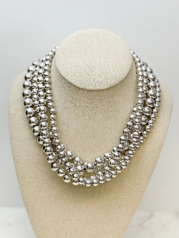 women timeless necklaces -Shiny Silver Beaded Multi Strand Necklace