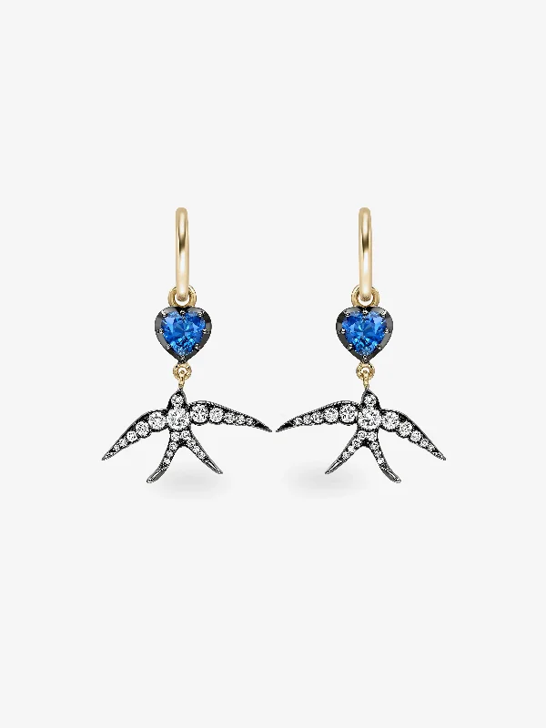 women dangle earrings -Hello Sailor Heart-Shaped Sapphire & Swallow Gypset Hoop Earrings