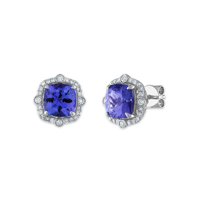 women long earrings -7MM Cushion Tanzanite and Diamond Halo Stud Earrings in 14KT White Gold