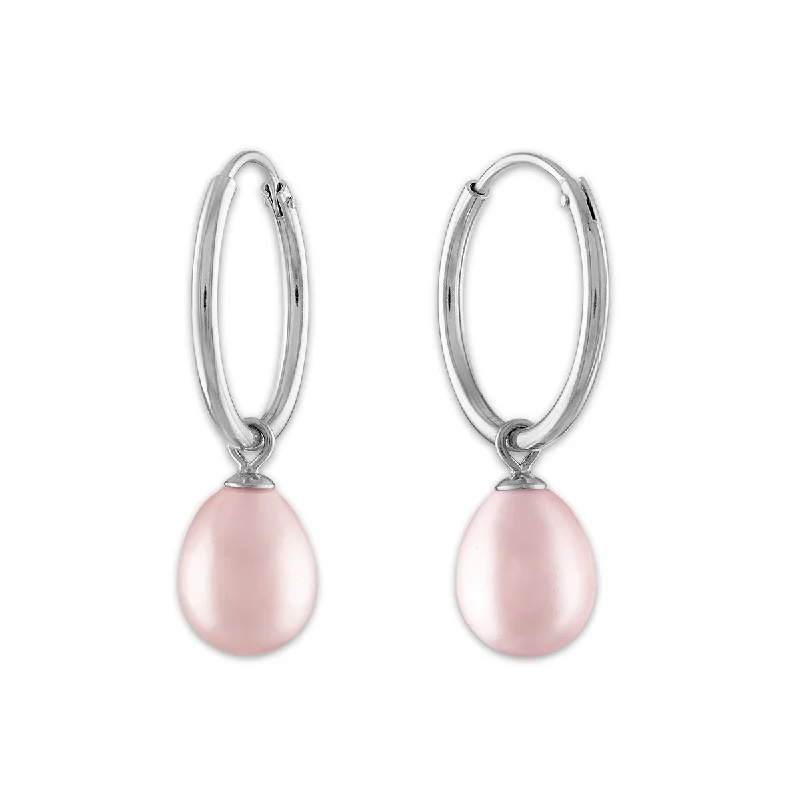 women pearl stud earrings -Round Pearl Hoop Drop & Dangle 6-7.5MM Pink Earrings in Rhodium Plated Sterling Silver