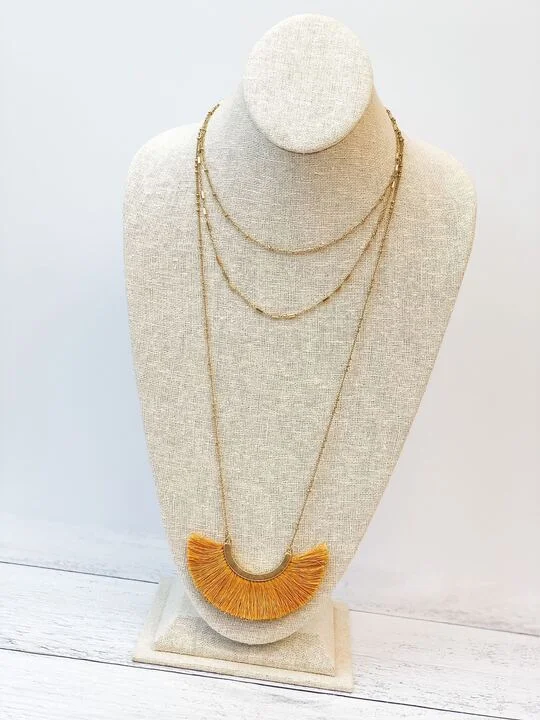 women crystal necklaces -Layered Fringe Long Necklace - Mustard