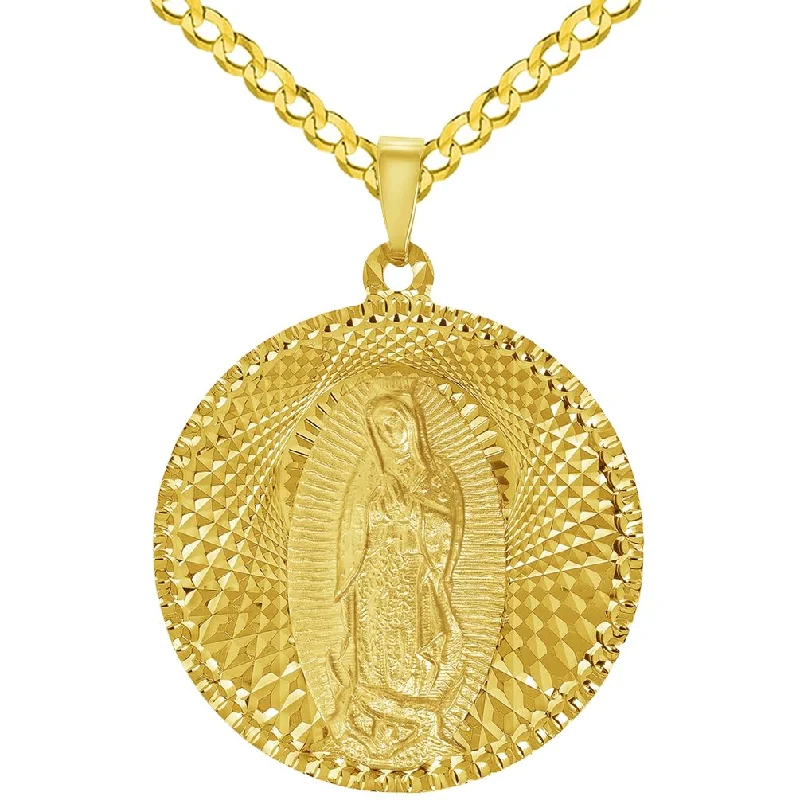 women one-of-a-kind necklaces -14k Yellow Gold Round Shaped Our Lady Of Guadalupe Charm Textured Medallion Pendant with Cuban Link Curb Chain Necklace - 5 Sizes