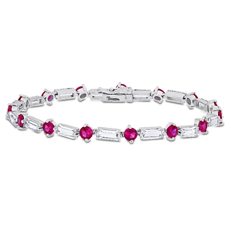 Miadora Baguette and Round-cut Created Ruby & White Sapphire Tennis Bracelet in Sterling Silver