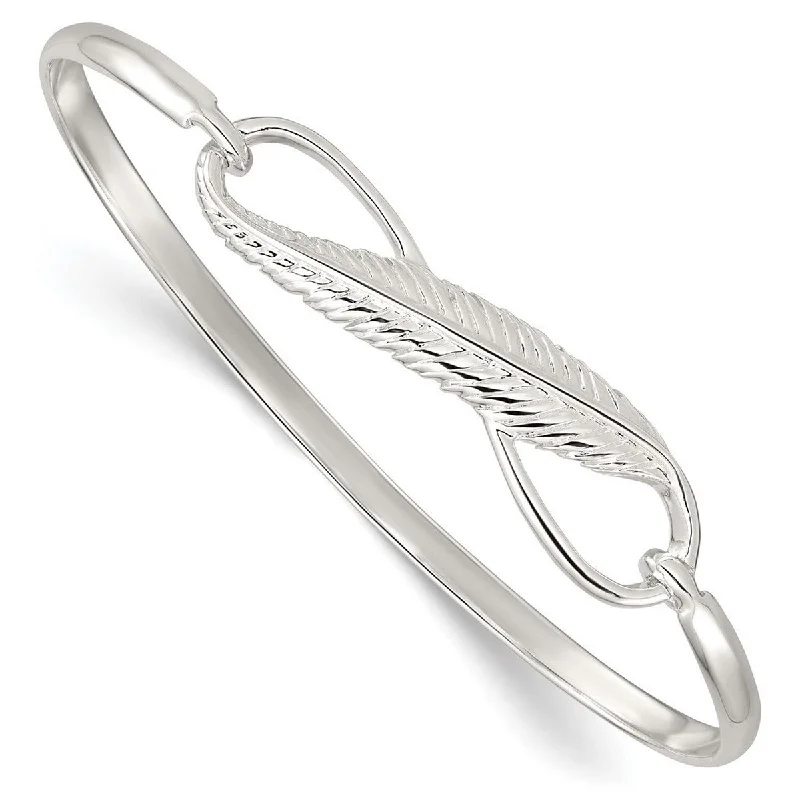 Curata 925 Sterling Silver 7" Infinity With Feather Hook Bangle Bracelet