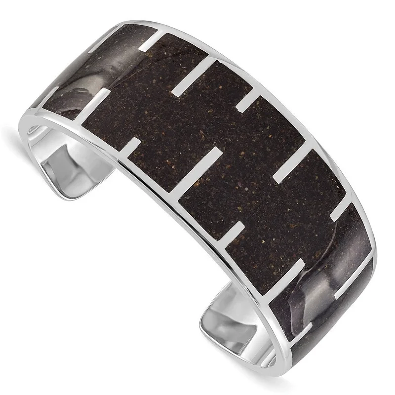 Curata 925 Sterling Silver 28.75mm Black Resin and Sand Cuff Bracelet