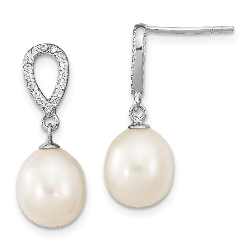 women simple earrings -Sterling Silver 8X9MM Pearl and Cubic Zirconia Drop & Dangle Earrings