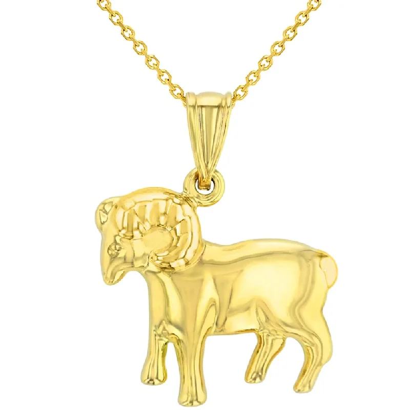 women statement necklaces -High Polish 14k Yellow Gold 3D Aries Zodiac Sign Ram Animal Pendant With Cable, Curb or Figaro Chain Necklace