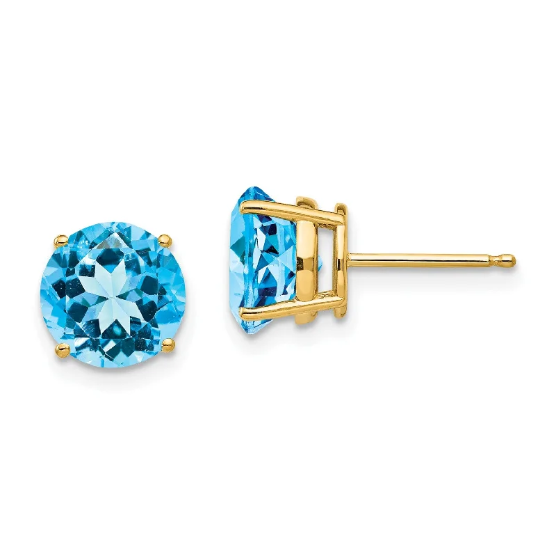 women statement earrings -8MM Round Swiss Blue Topaz Stud Earrings in 14KT Yellow Gold