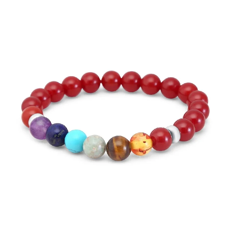 Sterling Silver with 8mm Genuine Chakra & Natural Red Onyx Bead Stretch Bracelet