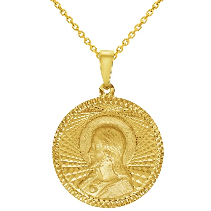 women silver necklaces -14k Yellow Gold Round Shaped Sacred Heart of Jesus Textured Medallion Pendant Necklace - 3 Sizes