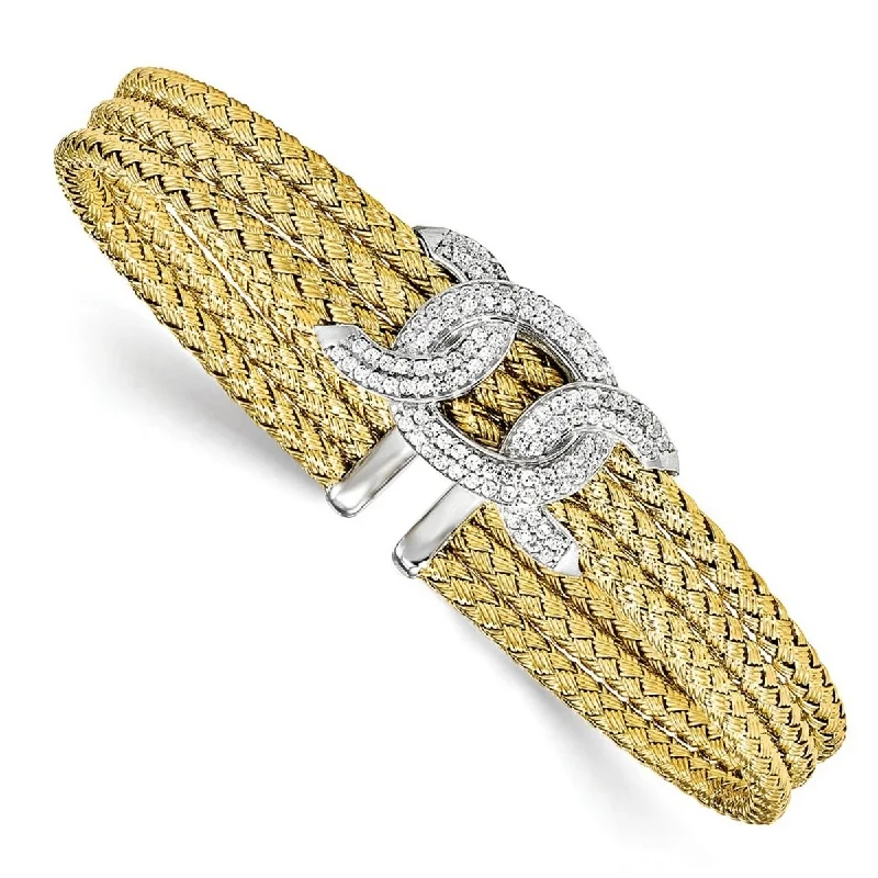 Curata 925 Sterling Silver Gold-plated 8.5mm Cubic Zirconia Art Deco Wide Woven Cuff Bangle Bracelet