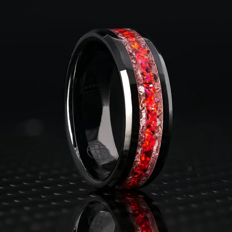 women custom bangles -Garnet Lava Pit Glowstone Ring on Black Ceramic