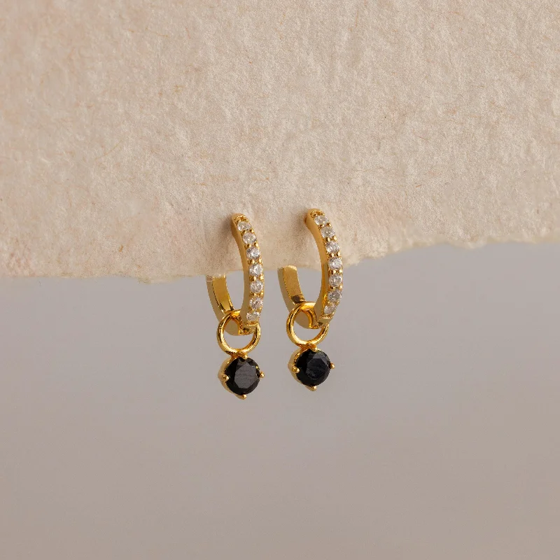 women minimalistic gold earrings -Black Diamond Drop Huggies