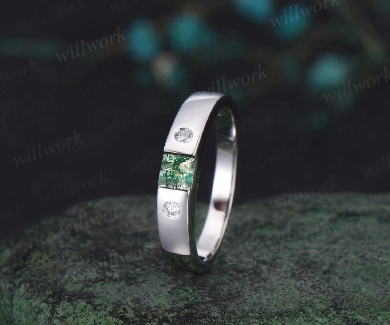 women men’s leather bracelets -Baguette cut moss agate wedding band men four stone diamond mens wedding ring band unique engagement anniversary gift