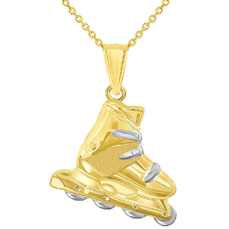 women luxury necklaces -High Polish 14k Yellow Gold 3D Roller Skate Two-Tone Inline Roller Blade Pendant With Cable, Curb or Figaro Chain Necklace