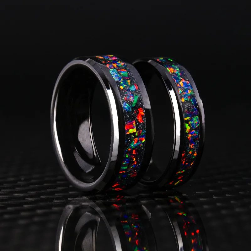 women silver bangles -Matching Black Fire Opal Glowstone Wedding Ring Set