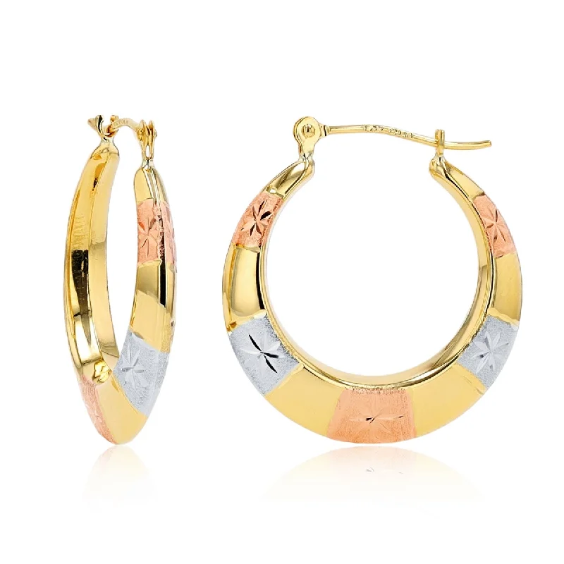 women shimmering earrings -10KT Gold Tri-Color 3.6X23MM Diamond-cut Hoop Earrings