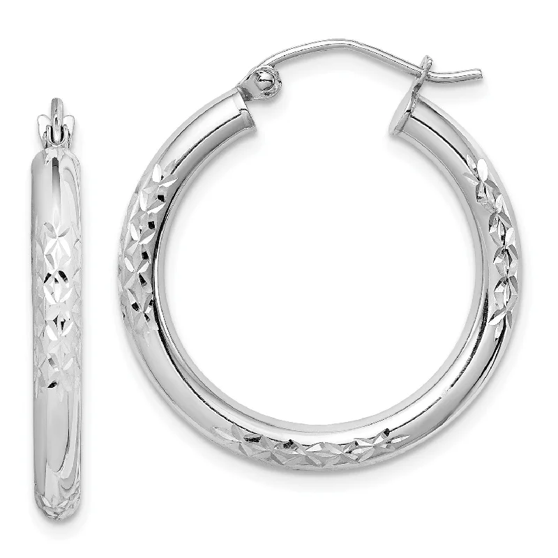 women trendy gold earrings -10KT White Gold 25X3MM Diamond-cut Hoop Earrings