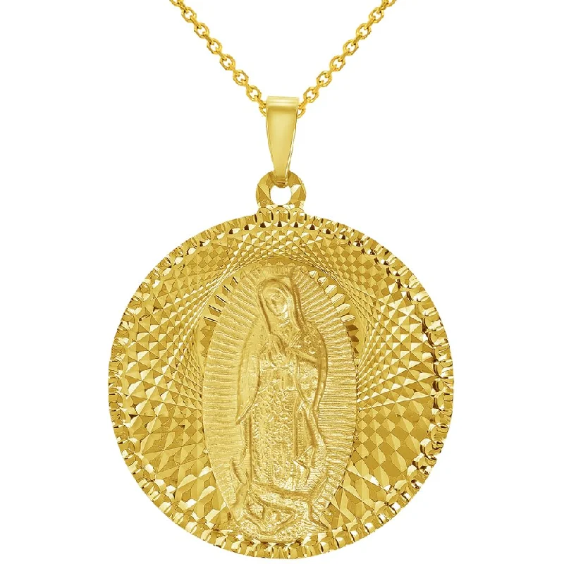 women luxury designer necklaces -14k Yellow Gold Round Shaped Our Lady Of Guadalupe Charm Textured Medallion Pendant Necklace - 5 Sizes