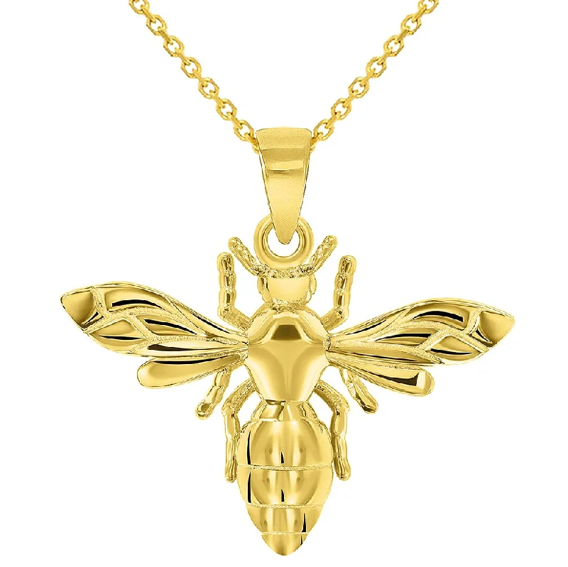 women gemstone necklaces -14k Yellow Gold Well Detailed 3D Honey Bee Charm Bumblebee Insect Pendant Necklace