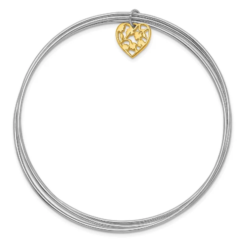 Curata 925 Sterling Silver Gold Plated Heart Charm Slip On Bangle Bracelet