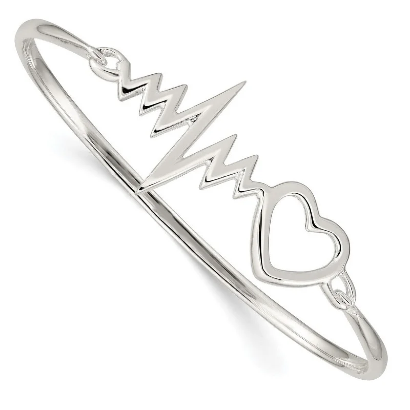 Curata 925 Sterling Silver 7" Heart Beat Hook Bangle Bracelet