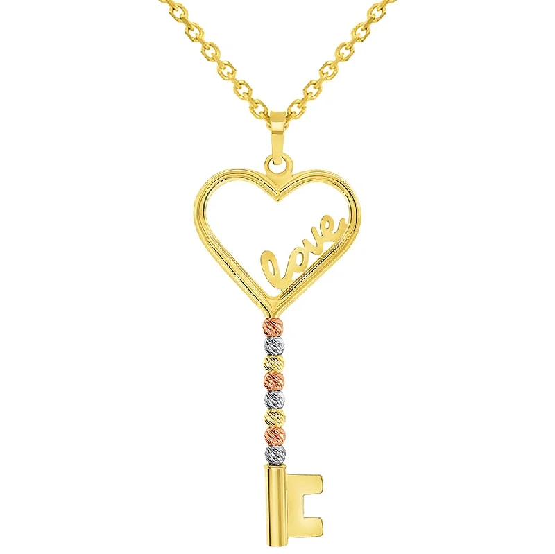 women custom necklaces -14k Tri-Color Gold Love Written Open Heart Beaded Key Pendant with Cable, Curb or Figaro Chain Necklace