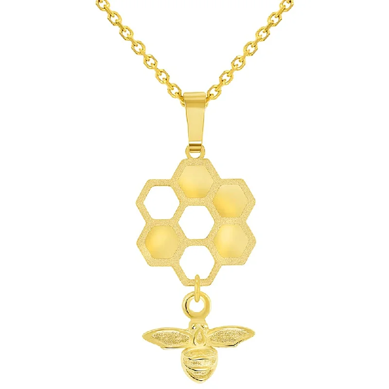 women diamond necklaces -14k Yellow Gold Honey Bee Dangling From Honeycomb Pendant With Cable, Curb or Figaro Chain Necklace