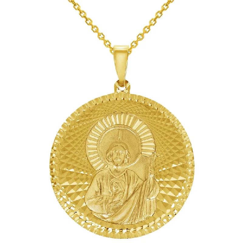 women geometric chain necklaces -14k Yellow Gold Round Shaped Saint Jude Charm Textured Medallion Pendant Necklace - 4 Sizes