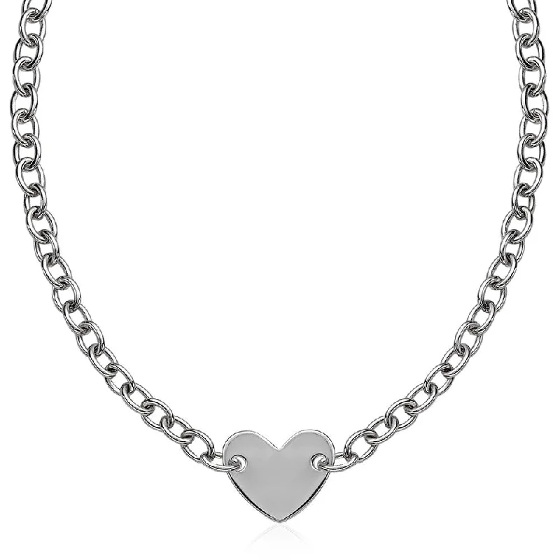 Sterling Silver Rhodium Plated Chain Bracelet with a Flat Heart Motif Station