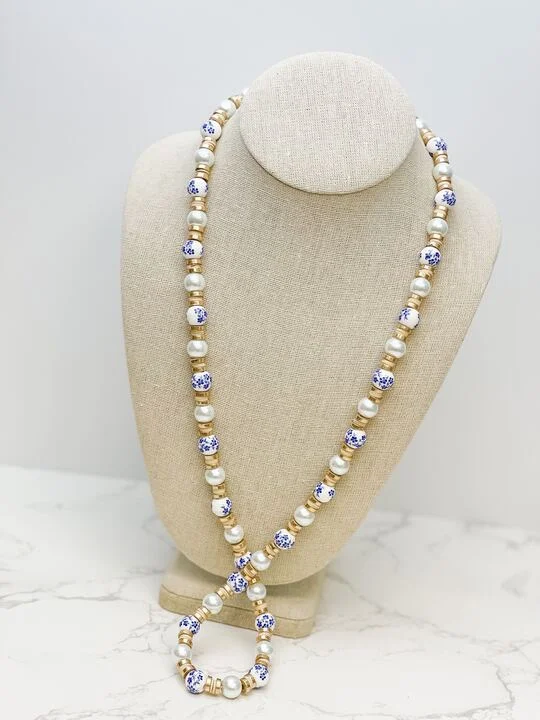 women custom necklaces -Chinoiserie Long Beaded Pearl Necklace