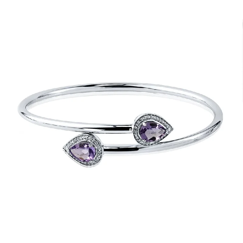 Stackable 2ct Pear Shaped Purple Amethyst Bypass Bangle Bracelet with Diamond Accents by Auriya in Gold over Silver