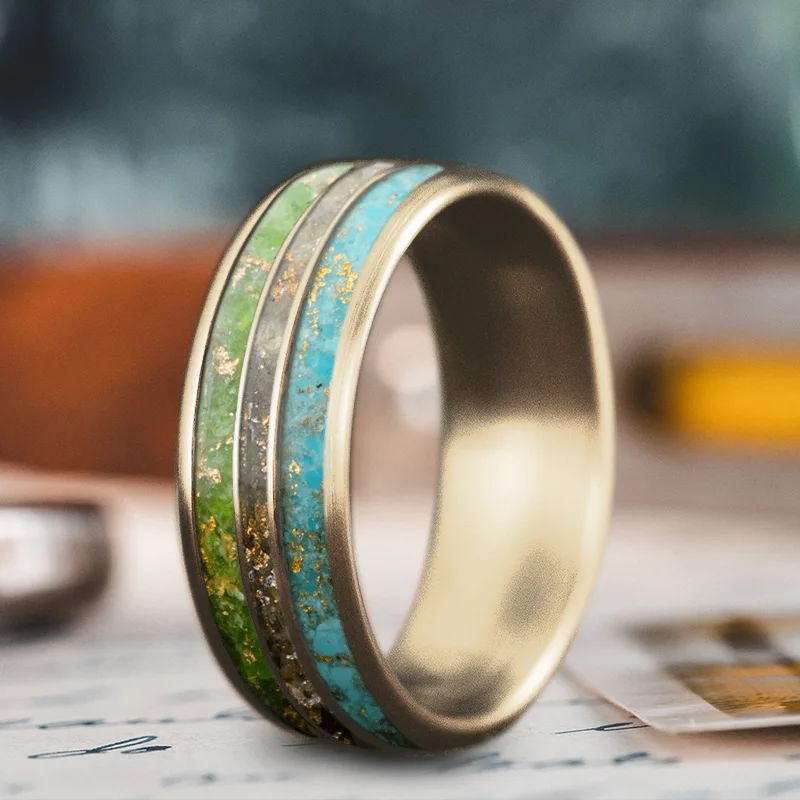 women gemstone bangles -Custom Gold or Titanium Band - 3-Inlay Ring (Narrow Center) - Custom Design - dZQUmb4emcl1iH2bVqadSEMu