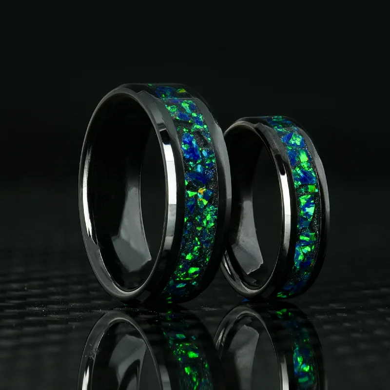 women luxury bangles -Matching Black Emerald Opal Glowstone Wedding Ring Set