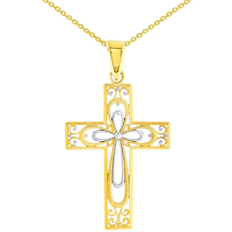 women fashion necklaces -14K Yellow Gold Textured Milgrain Filigree Cross Pendant With Cable, Curb or Figaro Chain Necklace