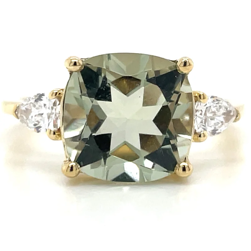 women chic engagement rings -9ct Yellow Gold Earth Grown Green Amethyst And Laboratory Grown Diamond Ring