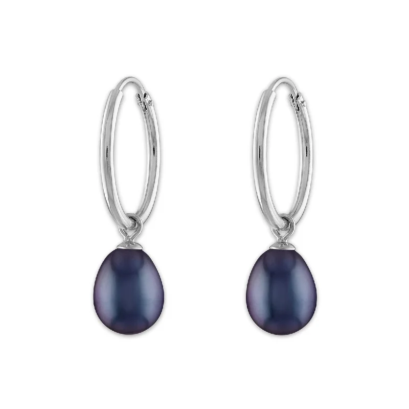 women big earrings -Round Pearl Hoop Drop & Dangle 6-7.5MM Black Earrings in Rhodium Plated Sterling Silver